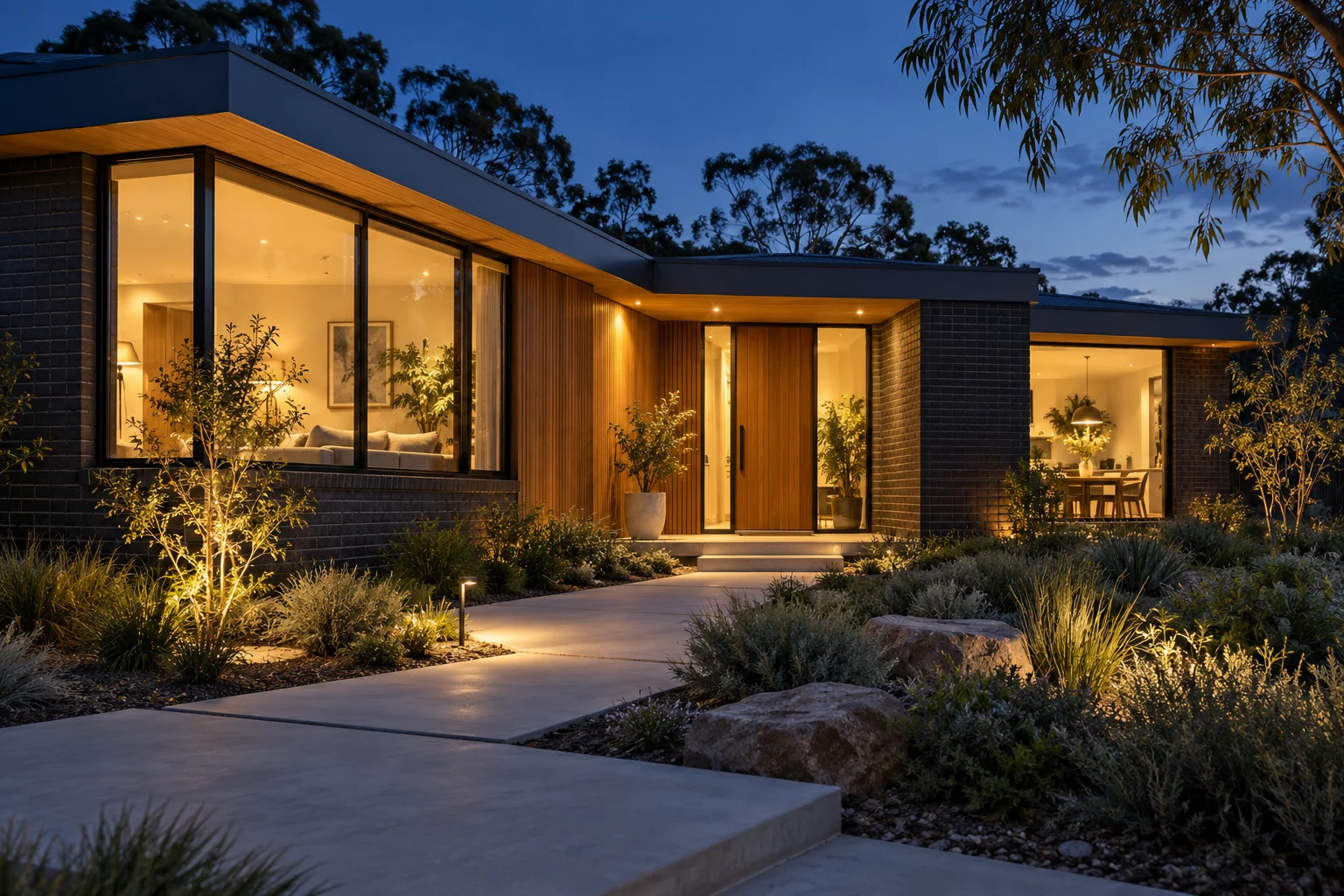 A welcoming home with warm lights at dusk